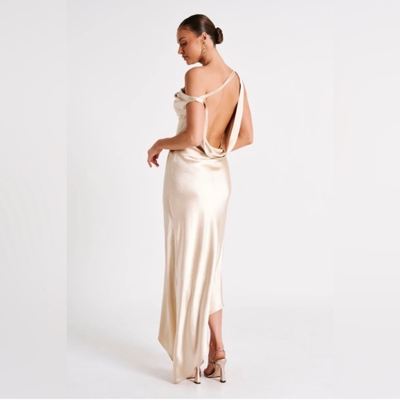 NEW Meshki Gold Satin Asymmetrical Draped Low Back Maxi Slip Dress, Size S & L - Picture 2 of 13